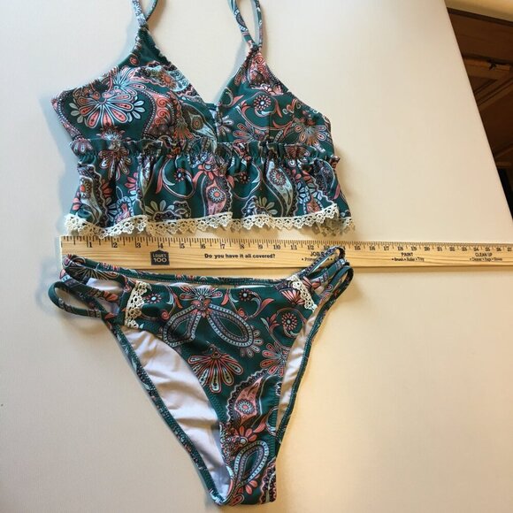 Cupshe 2pc Swimsuit Teal Green Floral Ruffle Top Boho Girlie - Picture 12 of 13